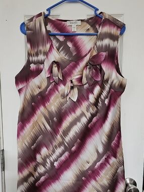 Dressbarn Magenta, Brown and Cream Printed Sleeveless Bow-Front Tunic